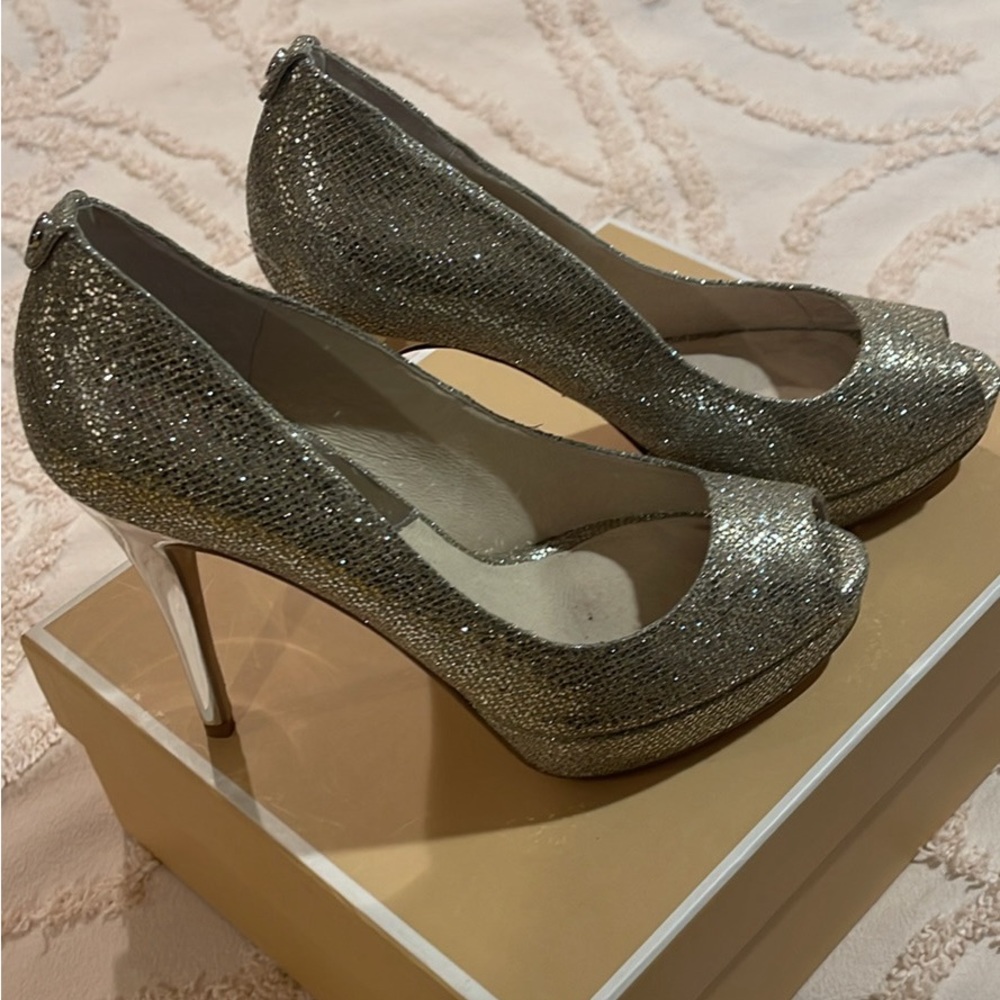 Silver Glitter Michael Kors Platform Peep Toe